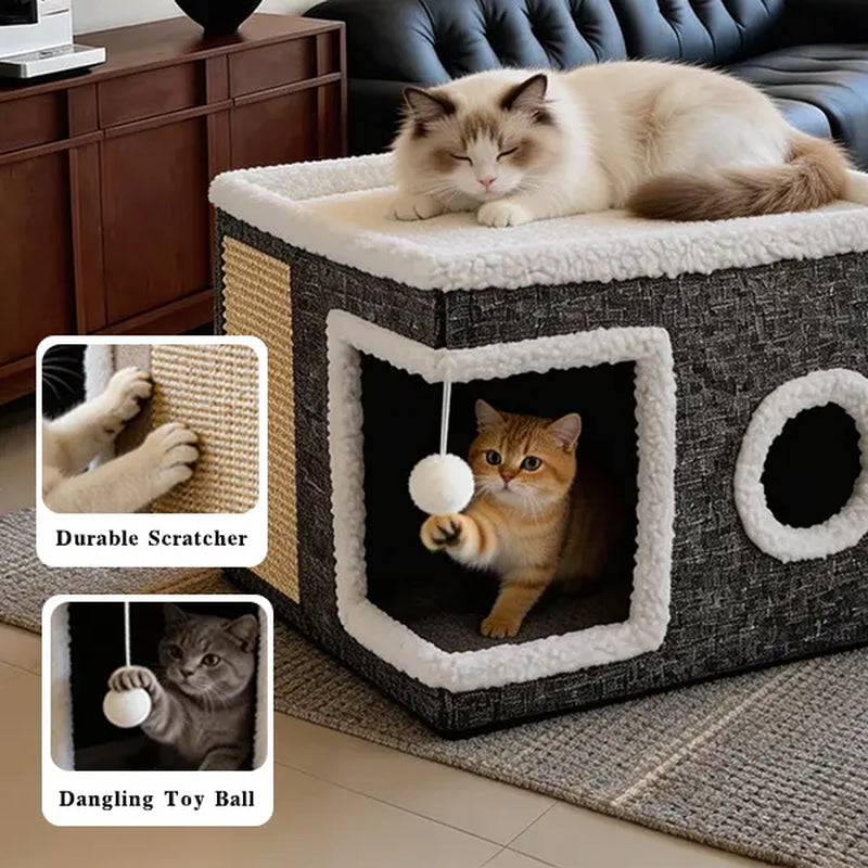 Cozy Foldable Cat Cave Bed – Soft Indoor Hideaway with Sisal Scratching Pad & Hanging Plush Ball for Kittens and Adult Cats, 16.5" × 16.5" × 14", Gray