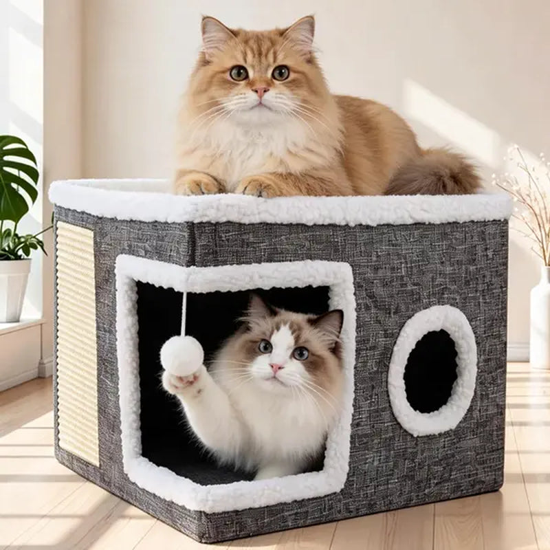 Cozy Foldable Cat Cave Bed – Soft Indoor Hideaway with Sisal Scratching Pad & Hanging Plush Ball for Kittens and Adult Cats, 16.5" × 16.5" × 14", Gray