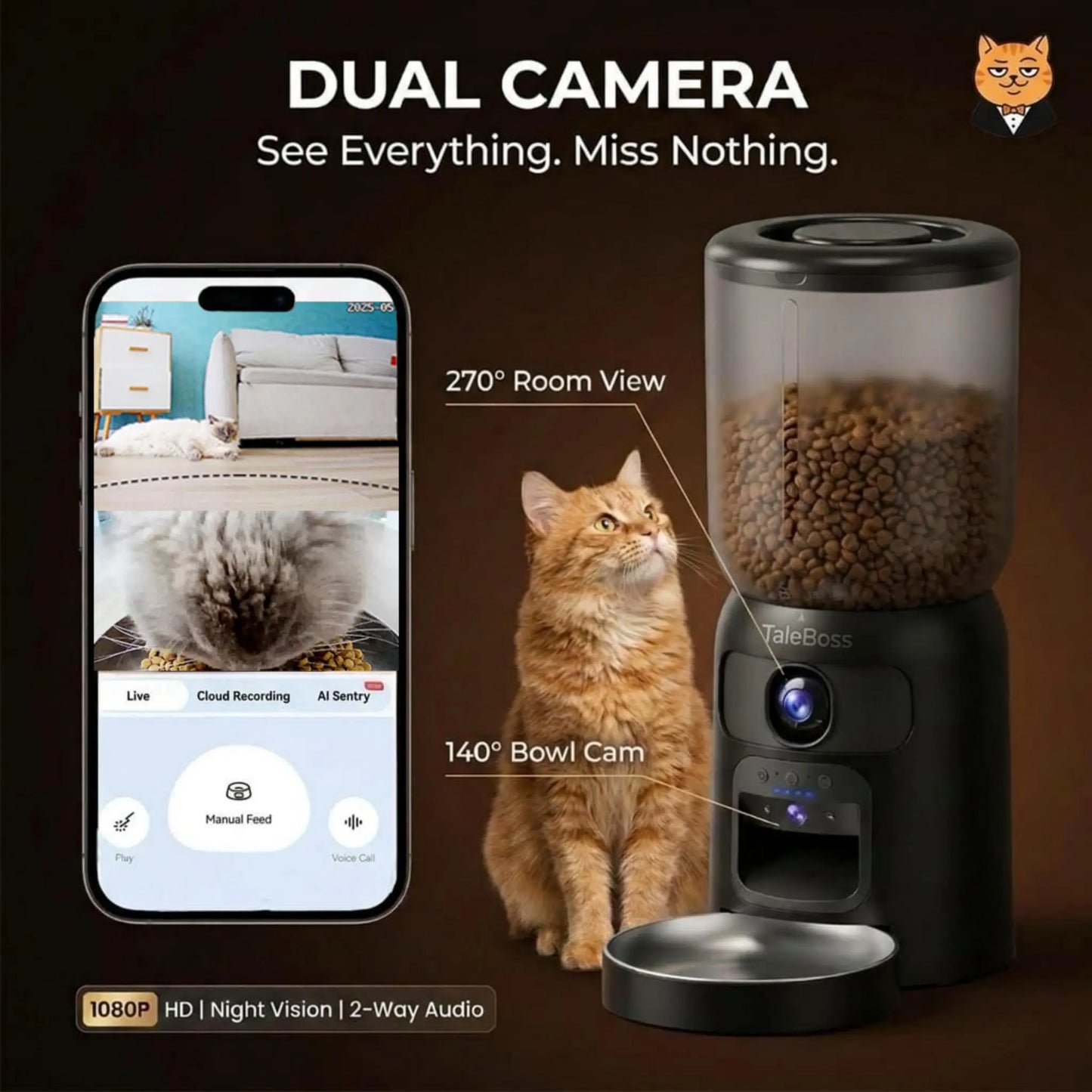 Smart WiFi Automatic Pet Feeder with Dual HD Cameras – 5L Food Dispenser with 130° Wide-Angle View, Night Vision, App Control, Two-Way Audio & Interactive Toy