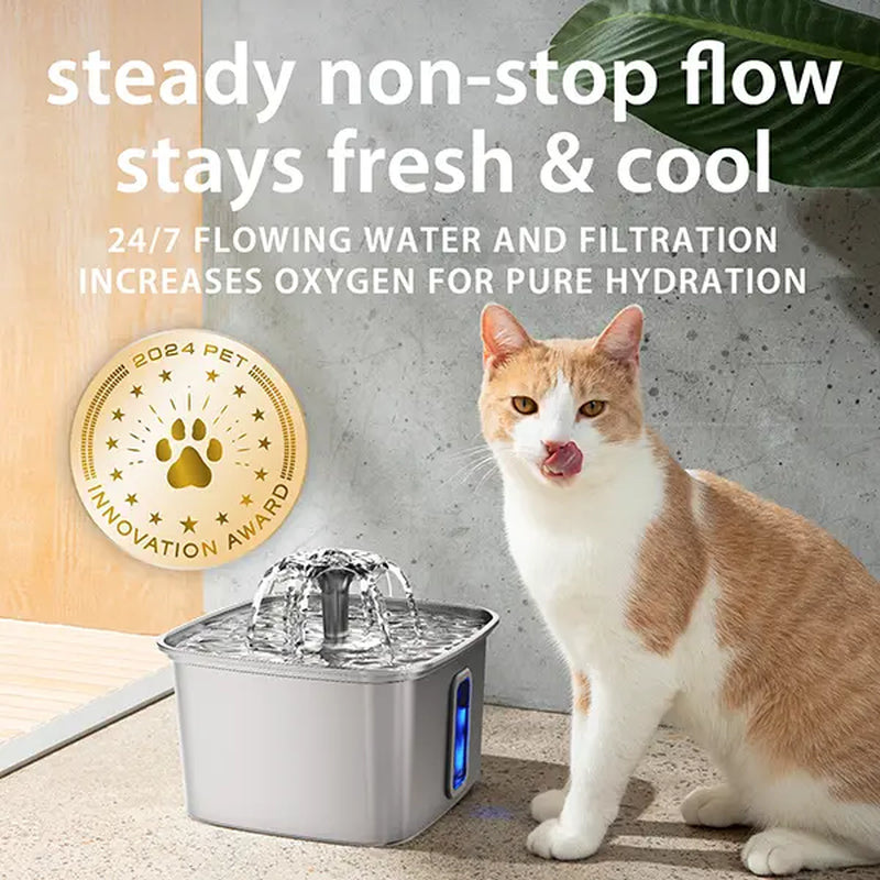 Premium Stainless Steel Pet Water Fountain, 108 oz / 3.2 L Automatic Water Dispenser with Replacement Filters & Silicone Mat for Cats & Dogs