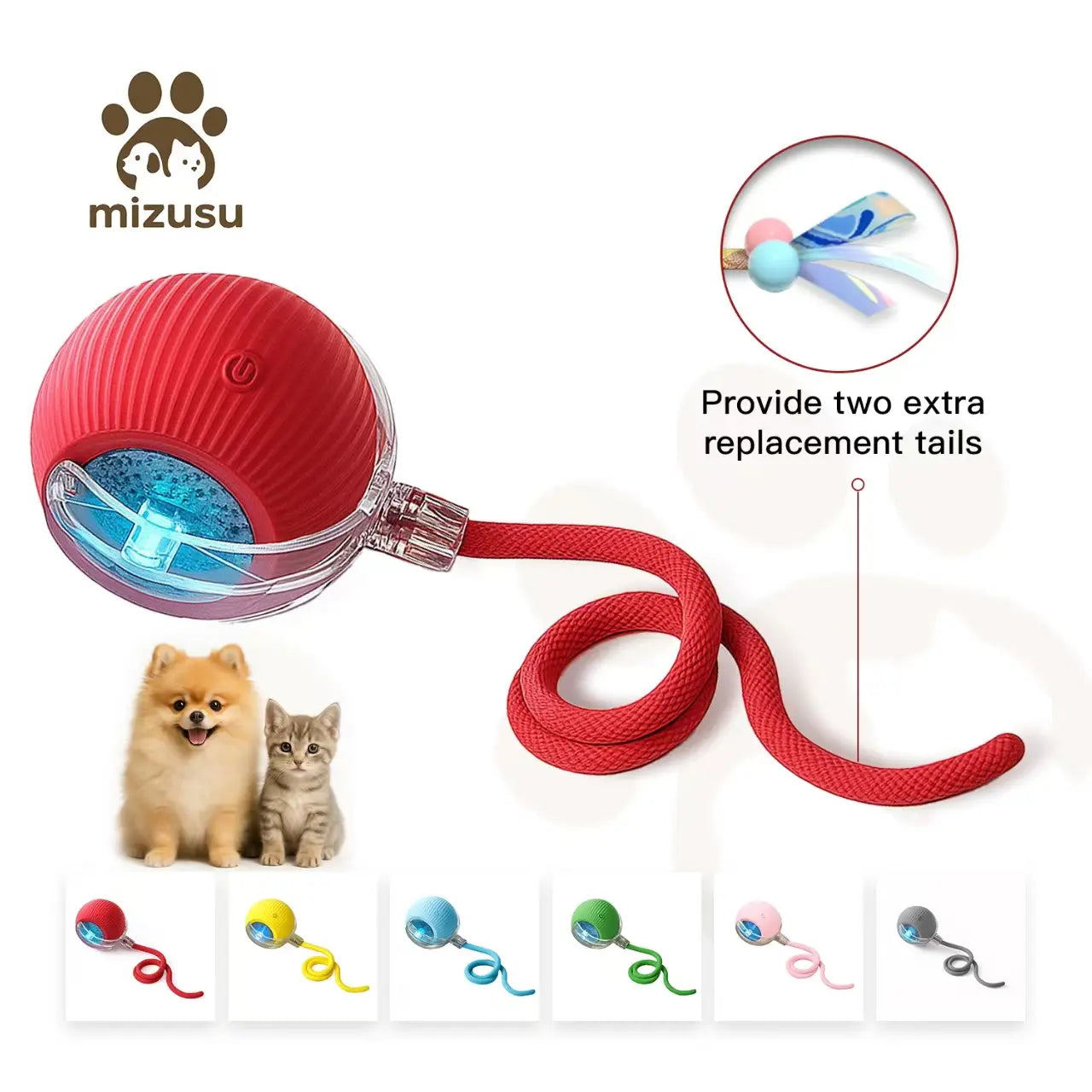 Interactive Rolling Ball Teaser Toy for Cats & Dogs – Includes 2 Interchangeable Tails, Engaging Chase & Play Toy for Kittens and Adult Pets
