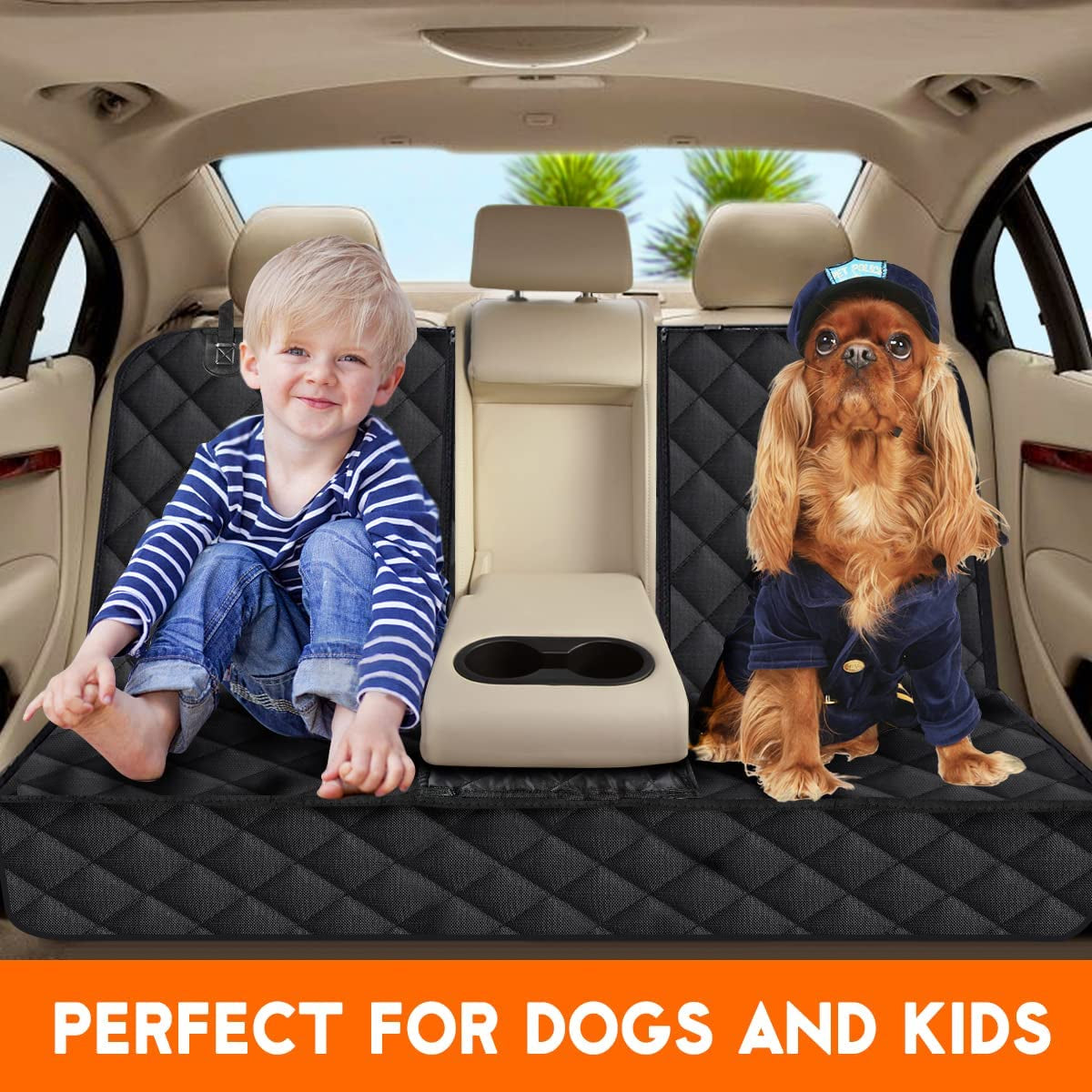 Premium Waterproof Dog Car Seat Cover – Durable Rear Seat Protector with Middle Armrest Access, Non-Slip Design for Cars, SUVs & Trucks, 53" – Black