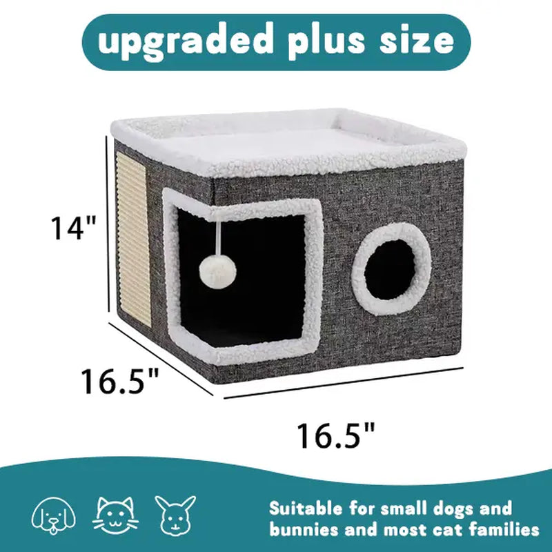 Cozy Foldable Cat Cave Bed – Soft Indoor Hideaway with Sisal Scratching Pad & Hanging Plush Ball for Kittens and Adult Cats, 16.5" × 16.5" × 14", Gray