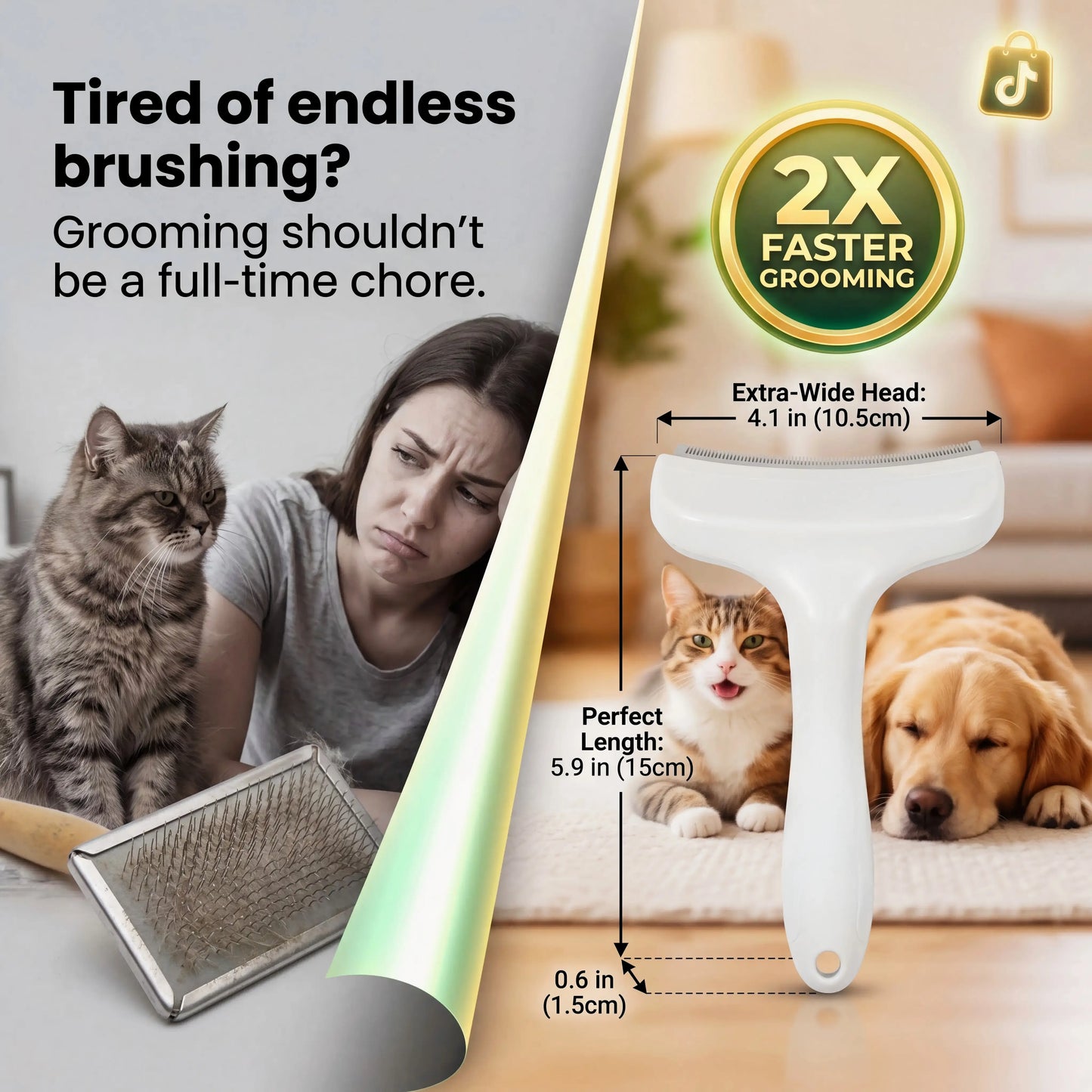 Premium Pet Deshedding & Grooming Brush – Dense-Tooth Undercoat Rake for Long-Haired Dogs & Cats, Designed for Loose Fur Removal, Dematting & Coat Care