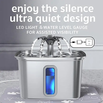 Premium Stainless Steel Pet Water Fountain, 108 oz / 3.2 L Automatic Water Dispenser with Replacement Filters & Silicone Mat for Cats & Dogs