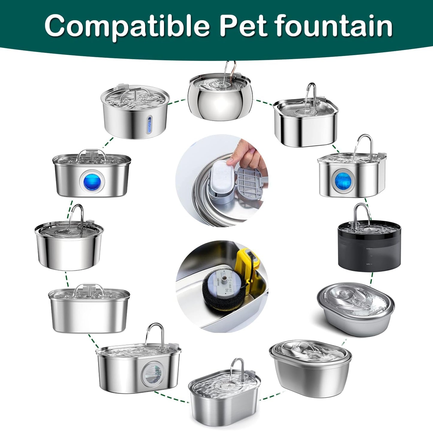Cat Water Fountain Replacement Filters – 16-Piece Set with 8 Filters & 8 Sponges, Compatible with 67 oz / 2L, 101 oz / 3L & 108 oz / 3.2L Pet Fountains