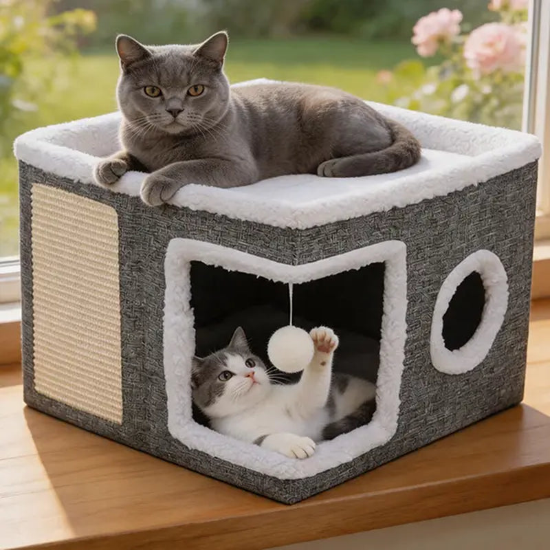 Cozy Foldable Cat Cave Bed – Soft Indoor Hideaway with Sisal Scratching Pad & Hanging Plush Ball for Kittens and Adult Cats, 16.5" × 16.5" × 14", Gray