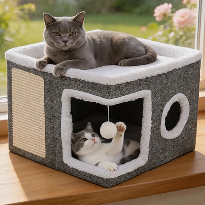 Cozy Foldable Cat Cave Bed – Soft Indoor Hideaway with Sisal Scratching Pad & Hanging Plush Ball for Kittens and Adult Cats, 16.5" × 16.5" × 14", Gray