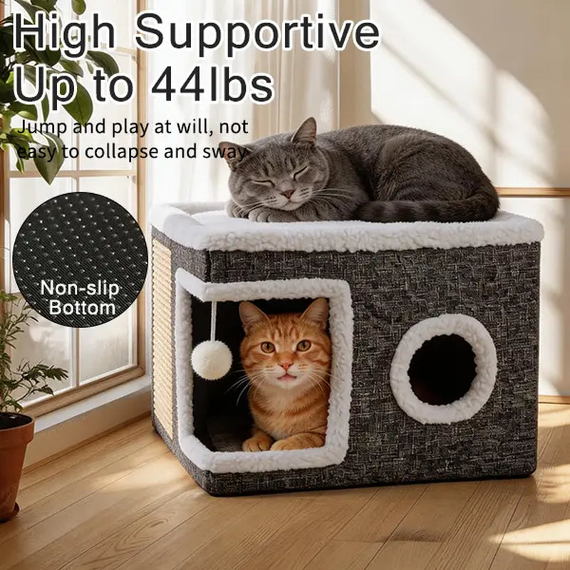Cozy Foldable Cat Cave Bed – Soft Indoor Hideaway with Sisal Scratching Pad & Hanging Plush Ball for Kittens and Adult Cats, 16.5" × 16.5" × 14", Gray