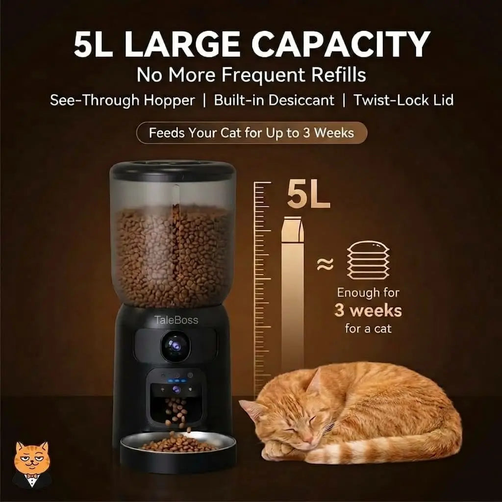 Smart WiFi Automatic Pet Feeder with Dual HD Cameras – 5L Food Dispenser with 130° Wide-Angle View, Night Vision, App Control, Two-Way Audio & Interactive Toy