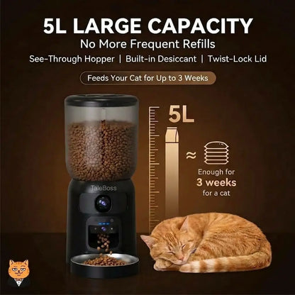 Smart WiFi Automatic Pet Feeder with Dual HD Cameras – 5L Food Dispenser with 130° Wide-Angle View, Night Vision, App Control, Two-Way Audio & Interactive Toy