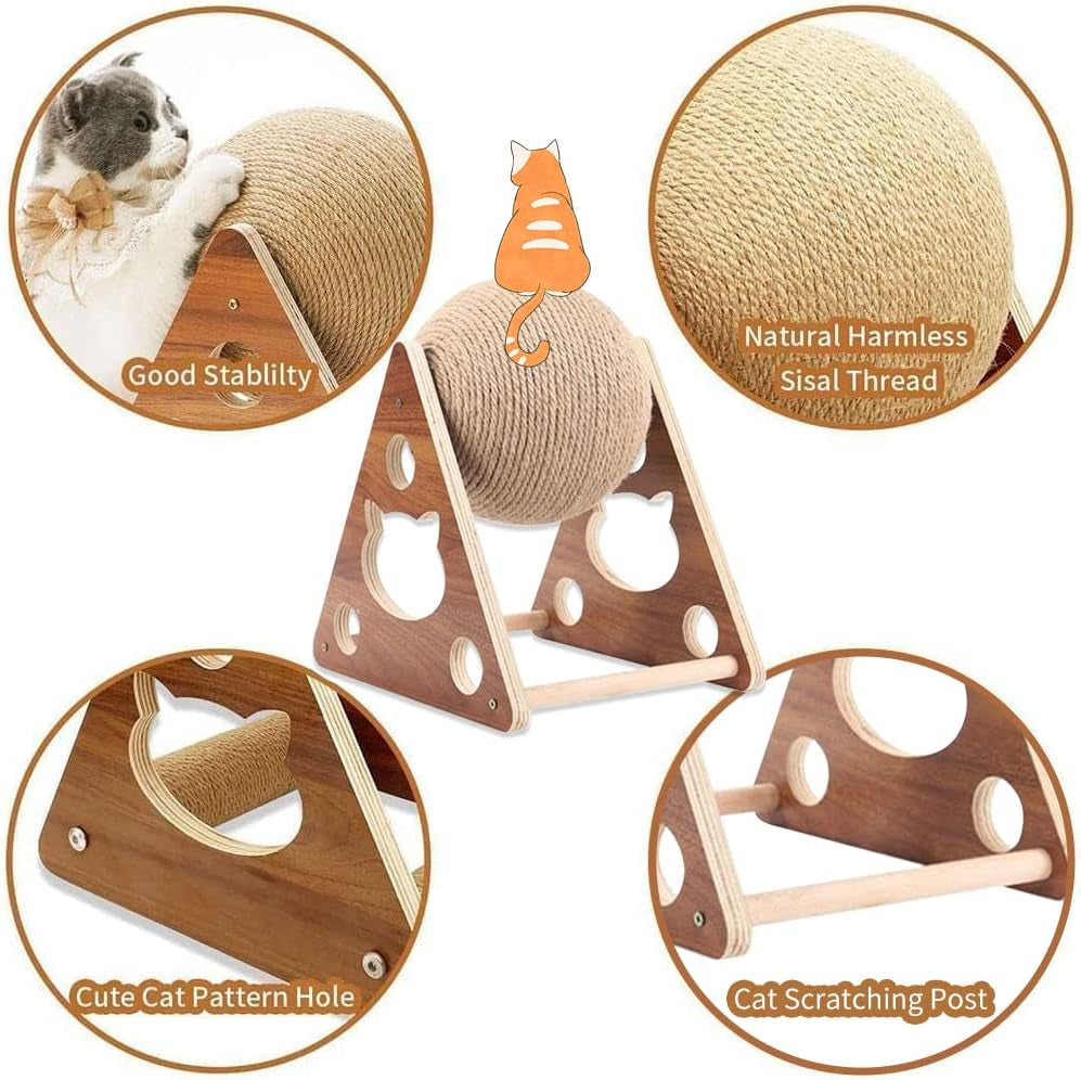 Natural Sisal Cat Scratcher Ball Toy – Solid Wood Interactive Scratching Post for Cats, Kittens & Puppies (Small Size)