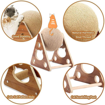 Natural Sisal Cat Scratcher Ball Toy – Solid Wood Interactive Scratching Post for Cats, Kittens & Puppies (Small Size)