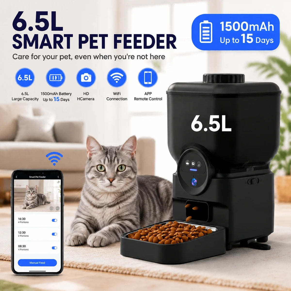 Smart WiFi Automatic Pet Feeder with Dual HD Cameras – 5L Food Dispenser with 130° Wide-Angle View, Night Vision, App Control, Two-Way Audio & Interactive Toy