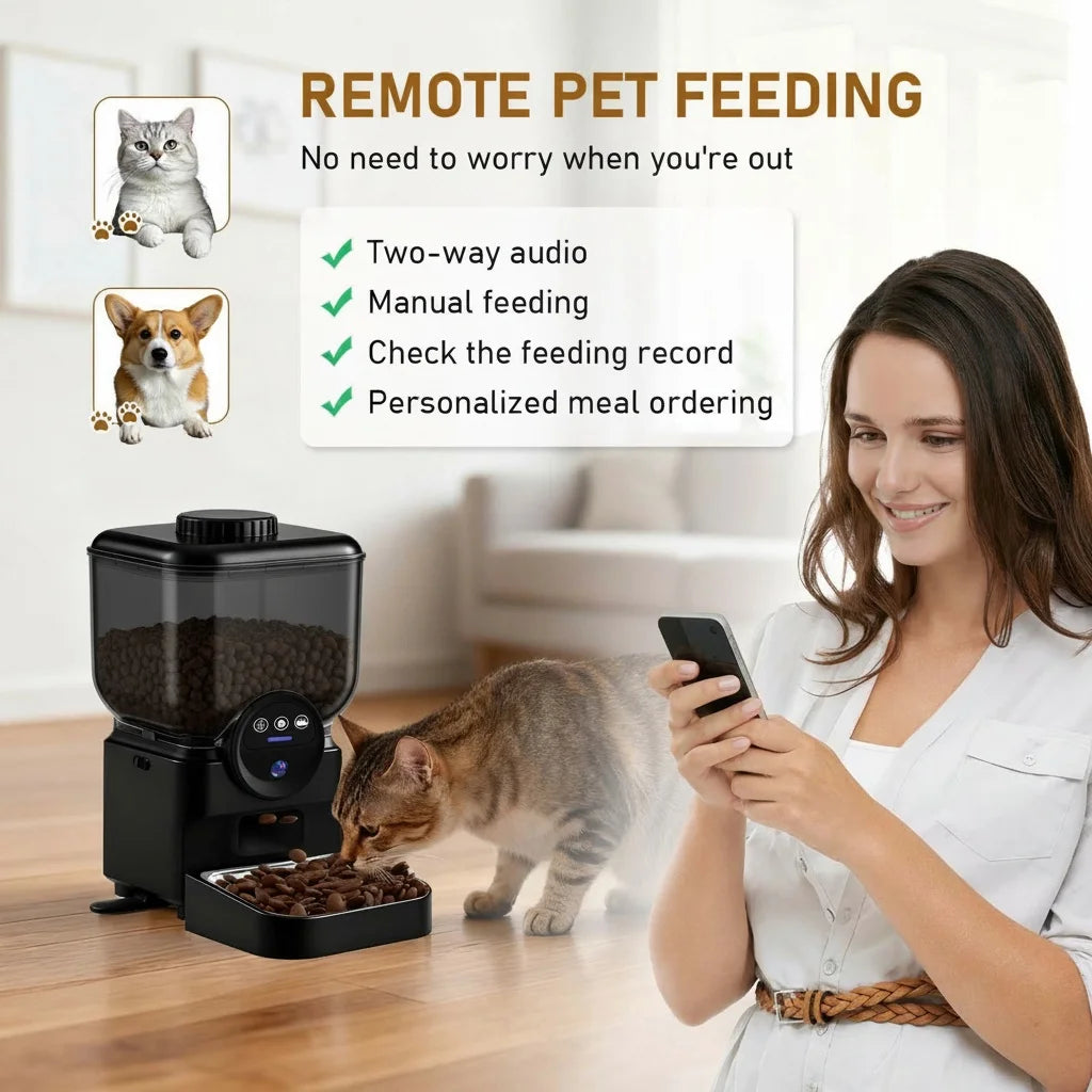 Smart WiFi Automatic Pet Feeder with Dual HD Cameras – 5L Food Dispenser with 130° Wide-Angle View, Night Vision, App Control, Two-Way Audio & Interactive Toy