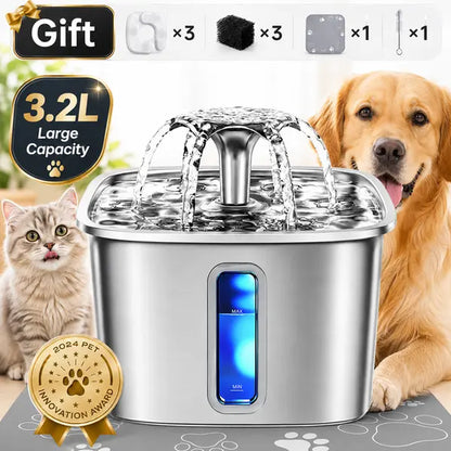 Premium Stainless Steel Pet Water Fountain, 108 oz / 3.2 L Automatic Water Dispenser with Replacement Filters & Silicone Mat for Cats & Dogs