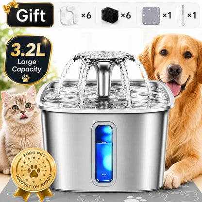 Premium Stainless Steel Pet Water Fountain, 108 oz / 3.2 L Automatic Water Dispenser with Replacement Filters & Silicone Mat for Cats & Dogs