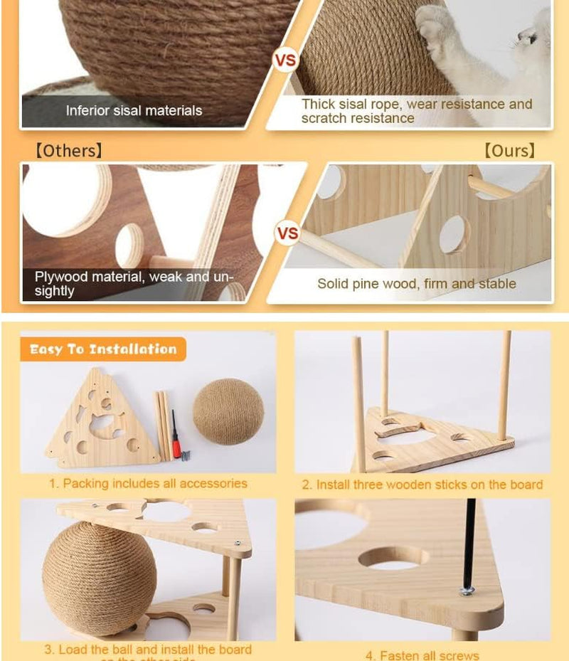Natural Sisal Cat Scratcher Ball Toy – Solid Wood Interactive Scratching Post for Cats, Kittens & Puppies (Small Size)