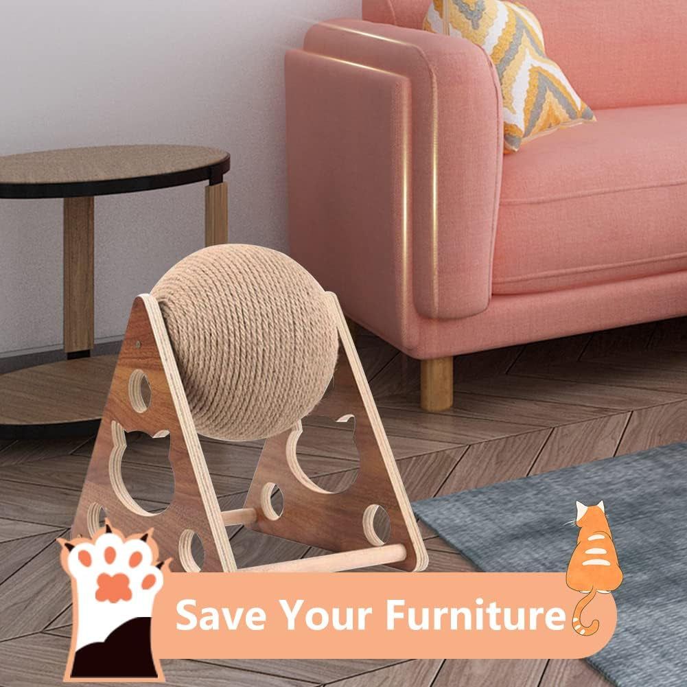 Natural Sisal Cat Scratcher Ball Toy – Solid Wood Interactive Scratching Post for Cats, Kittens & Puppies (Small Size)