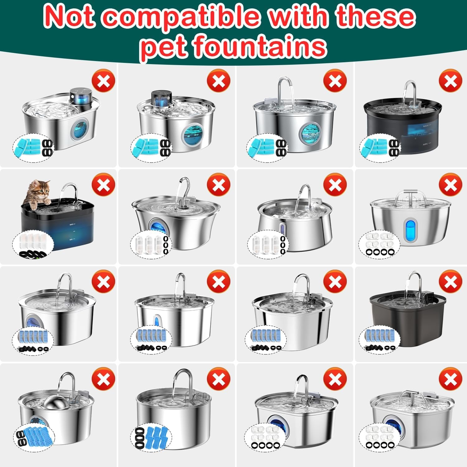 Cat Water Fountain Replacement Filters – 16-Piece Set with 8 Filters & 8 Sponges, Compatible with 67 oz / 2L, 101 oz / 3L & 108 oz / 3.2L Pet Fountains