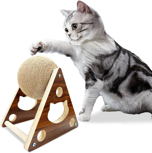 Natural Sisal Cat Scratcher Ball Toy – Solid Wood Interactive Scratching Post for Cats, Kittens & Puppies (Small Size)