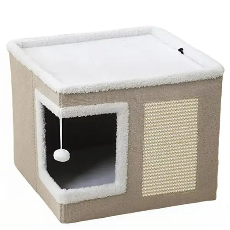 Cozy Foldable Cat Cave Bed – Soft Indoor Hideaway with Sisal Scratching Pad & Hanging Plush Ball for Kittens and Adult Cats, 16.5" × 16.5" × 14", Gray