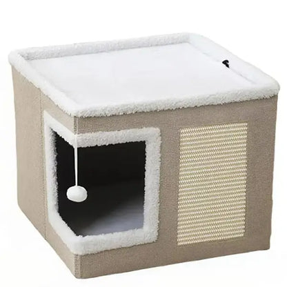 Cozy Foldable Cat Cave Bed – Soft Indoor Hideaway with Sisal Scratching Pad & Hanging Plush Ball for Kittens and Adult Cats, 16.5" × 16.5" × 14", Gray