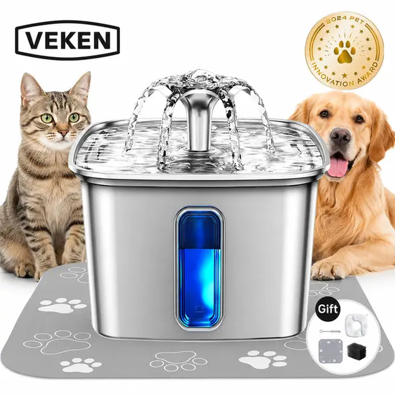 Premium Stainless Steel Pet Water Fountain, 108 oz / 3.2 L Automatic Water Dispenser with Replacement Filters & Silicone Mat for Cats & Dogs