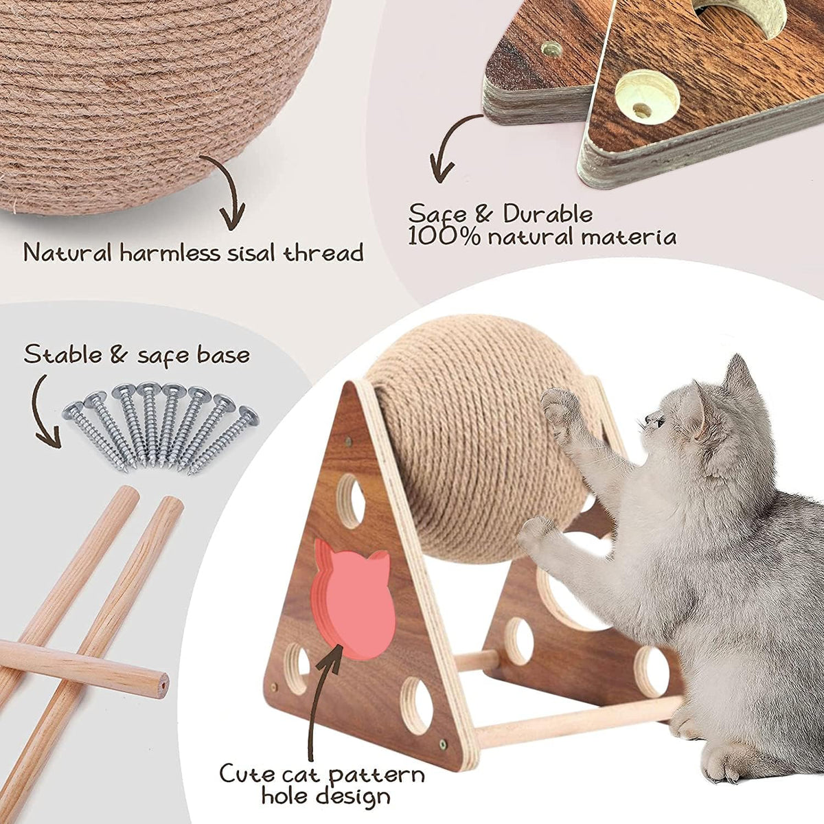 Natural Sisal Cat Scratcher Ball Toy – Solid Wood Interactive Scratching Post for Cats, Kittens & Puppies (Small Size)