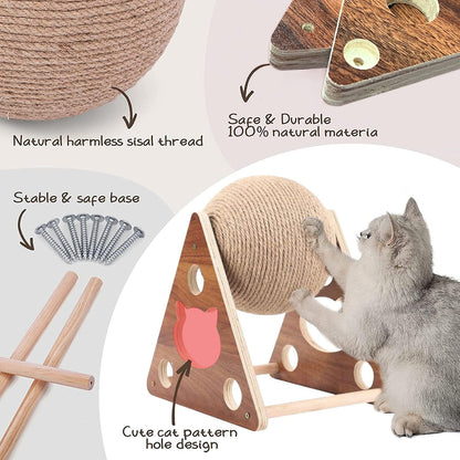 Natural Sisal Cat Scratcher Ball Toy – Solid Wood Interactive Scratching Post for Cats, Kittens & Puppies (Small Size)