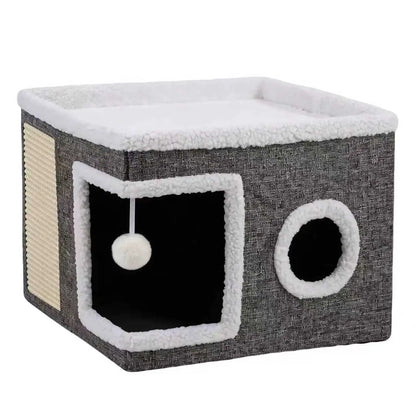 Cozy Foldable Cat Cave Bed – Soft Indoor Hideaway with Sisal Scratching Pad & Hanging Plush Ball for Kittens and Adult Cats, 16.5" × 16.5" × 14", Gray
