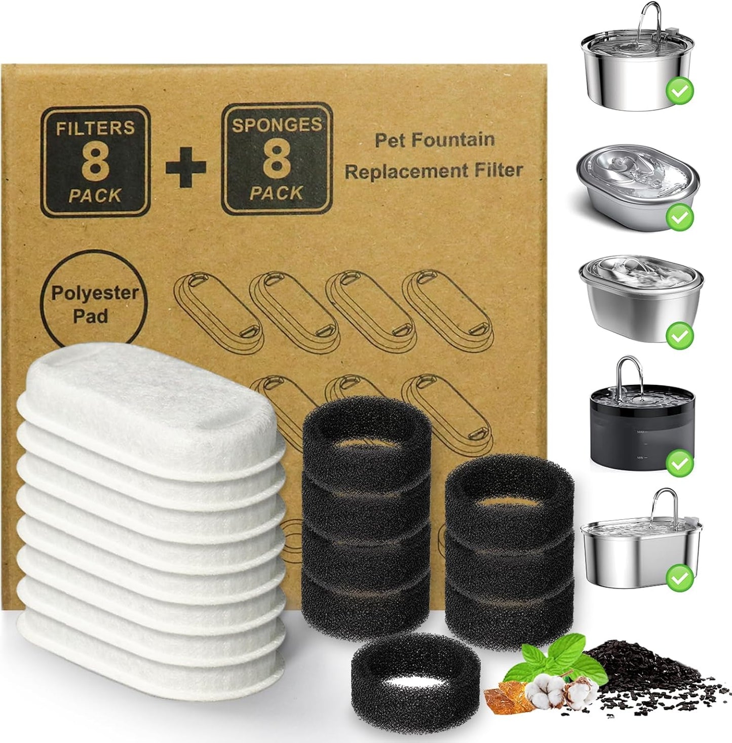 Cat Water Fountain Replacement Filters – 16-Piece Set with 8 Filters & 8 Sponges, Compatible with 67 oz / 2L, 101 oz / 3L & 108 oz / 3.2L Pet Fountains