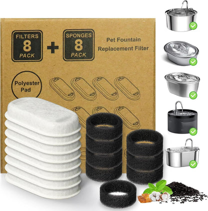 Cat Water Fountain Replacement Filters – 16-Piece Set with 8 Filters & 8 Sponges, Compatible with 67 oz / 2L, 101 oz / 3L & 108 oz / 3.2L Pet Fountains