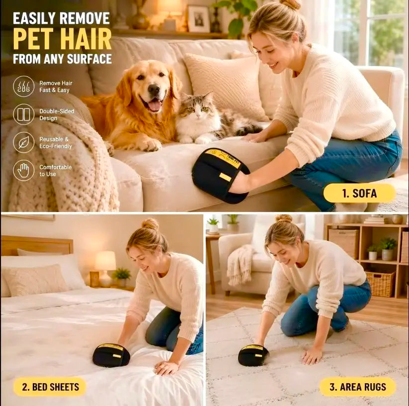 Reusable 2-in-1 Pet Hair Remover – Electrostatic Fur Removal Glove & Lint Brush for Cats & Dogs, Washable Cleaning Tool for Furniture, Couches & Car Interiors