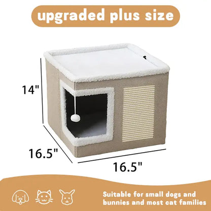 Cozy Foldable Cat Cave Bed – Soft Indoor Hideaway with Sisal Scratching Pad & Hanging Plush Ball for Kittens and Adult Cats, 16.5" × 16.5" × 14", Gray