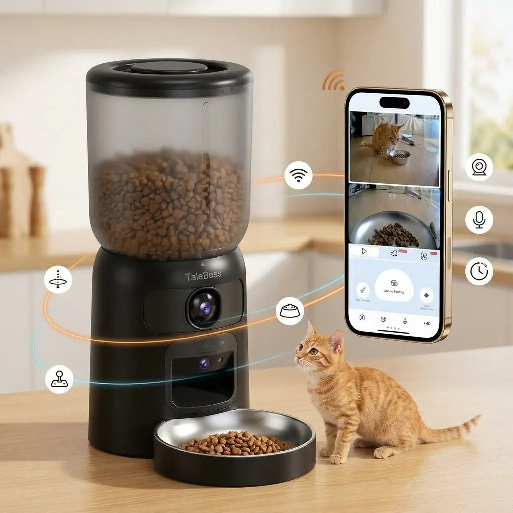Smart WiFi Automatic Pet Feeder with Dual HD Cameras – 5L Food Dispenser with 130° Wide-Angle View, Night Vision, App Control, Two-Way Audio & Interactive Toy